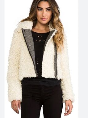 Free People Cream Shaggy Faux Sherpa Cropped Moto Jacket Ivory Size S